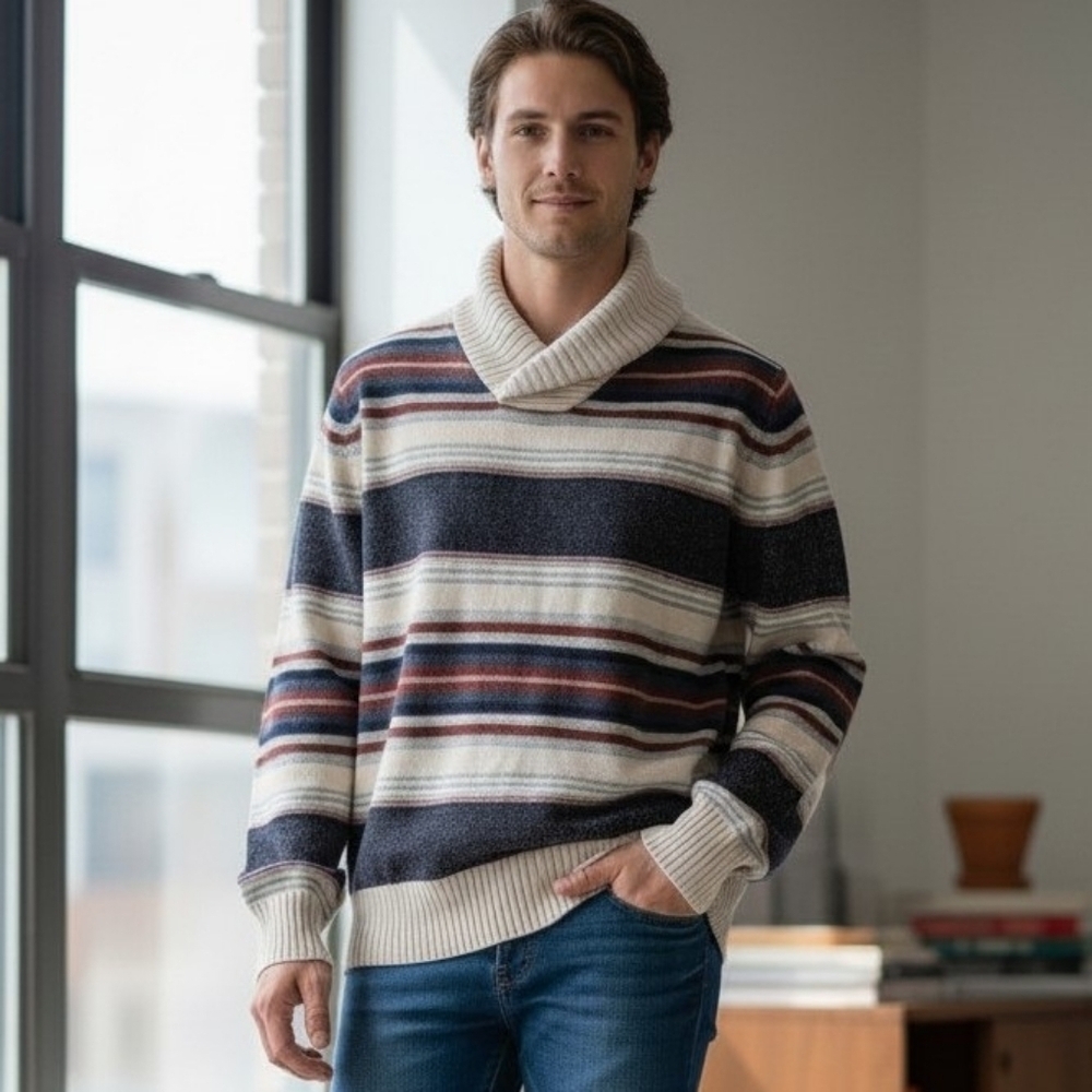 Men's Blanket Stripe Shawl-Collar V-neck Sweater Cotton Indie Retro Cozy Career